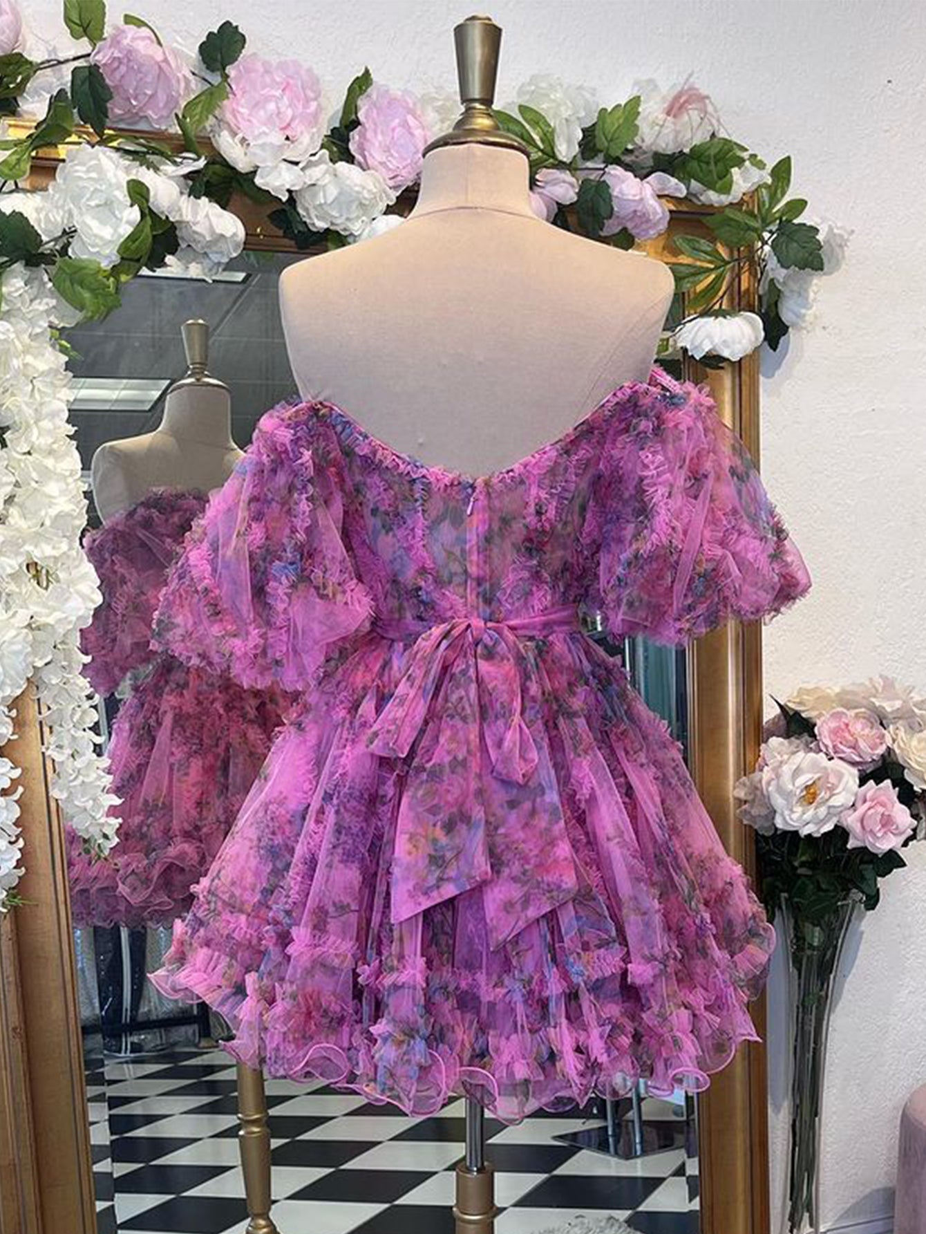 Pink A Line Off the Shoulder Floral Printed Homecoming Dress