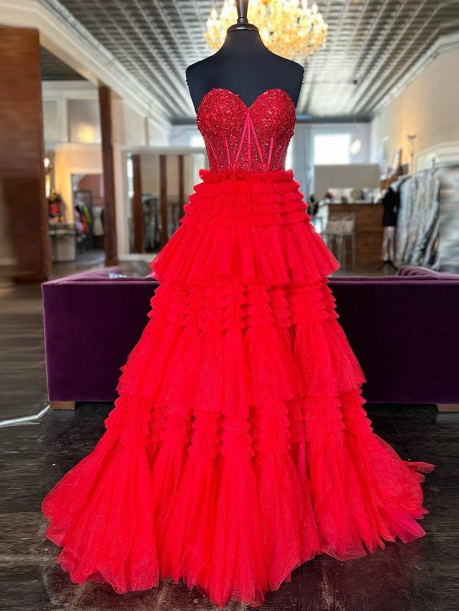 Adelyn |A - Line Sweetheart Tiered Long Tulle Prom Dress - KissProm