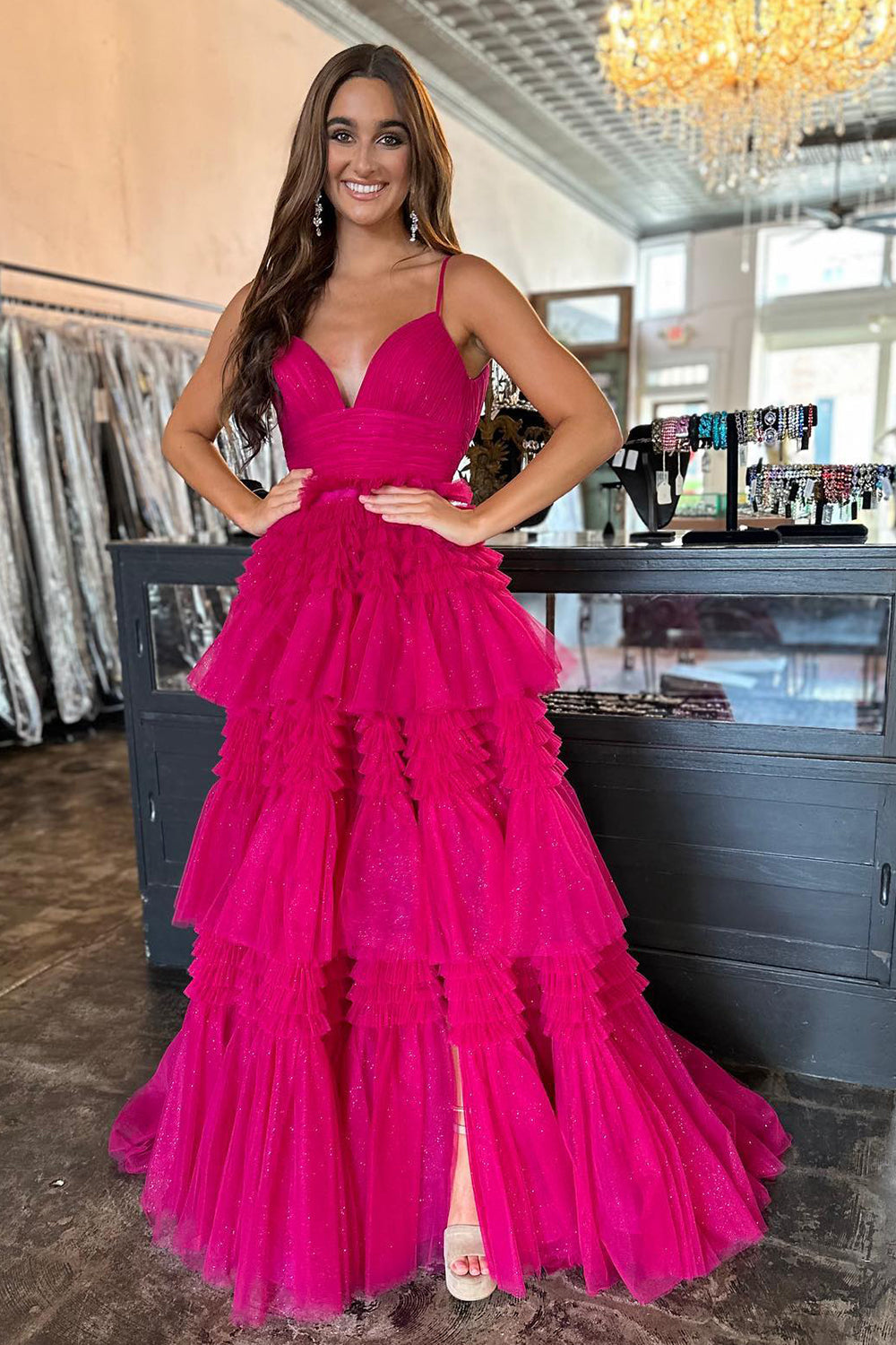 Tulle Deep V Neck Spaghetti Straps Long Prom Dress