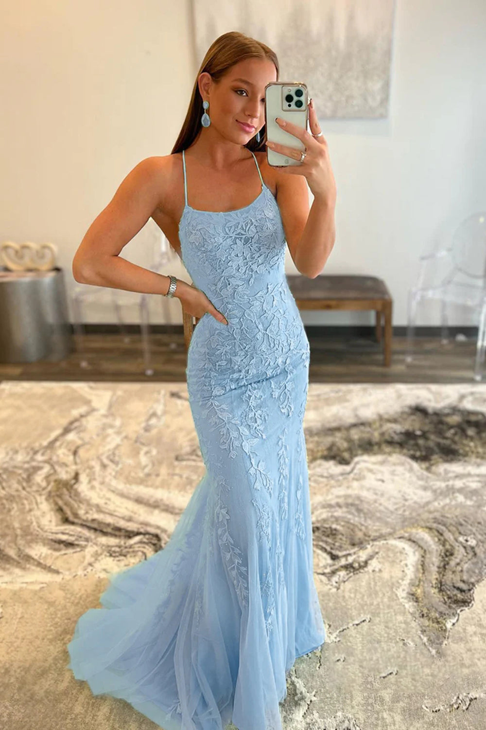 Mint Green Mermaid Spaghetti Straps Lace Prom Dress