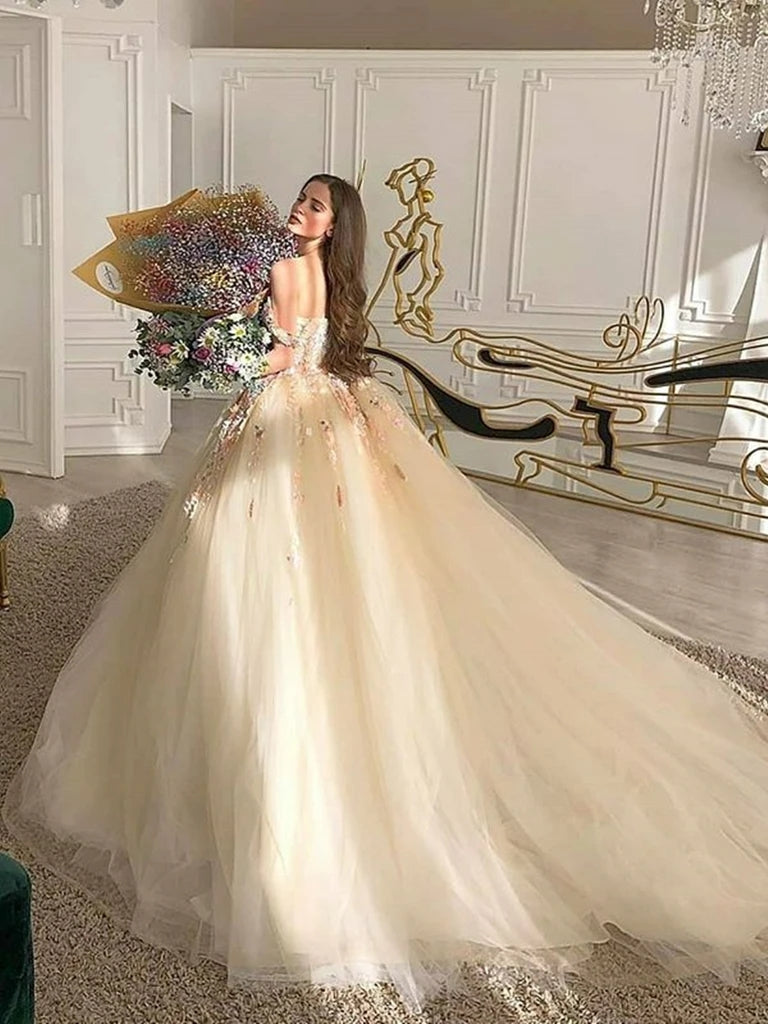 Off Shoulder Long Champagne Lace Off Shoulder Champagne Quinceanera Dresses