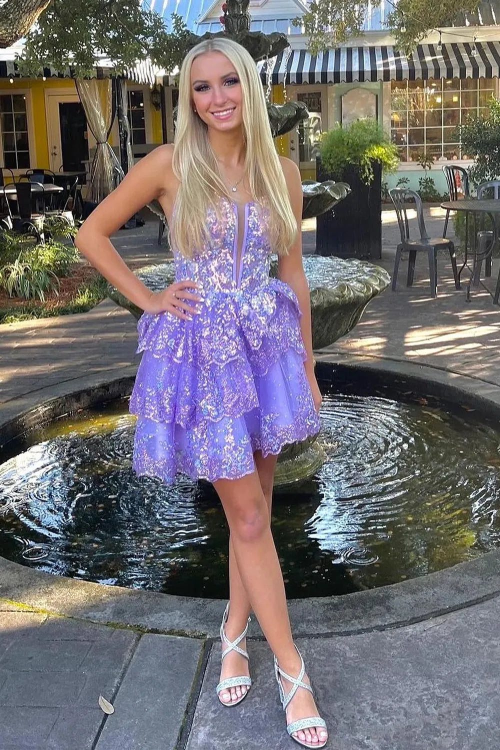 Cute A-Line Sweetheart Lilac Sequin Tiered Short Homecoming Dresses