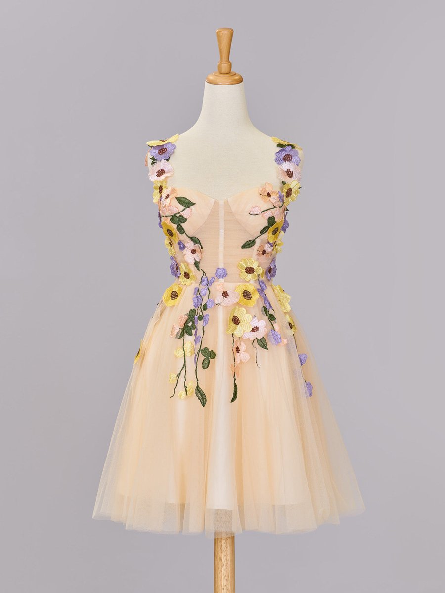 Quinta |A line Tulle Homecoming Dress with 3D Flowers - KissProm
