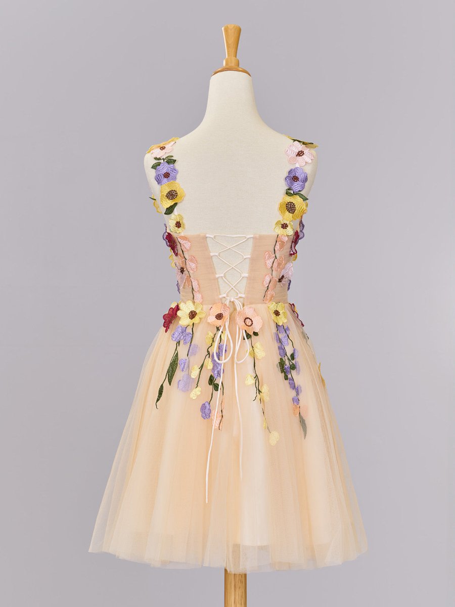 Quinta |A line Tulle Homecoming Dress with 3D Flowers - KissProm