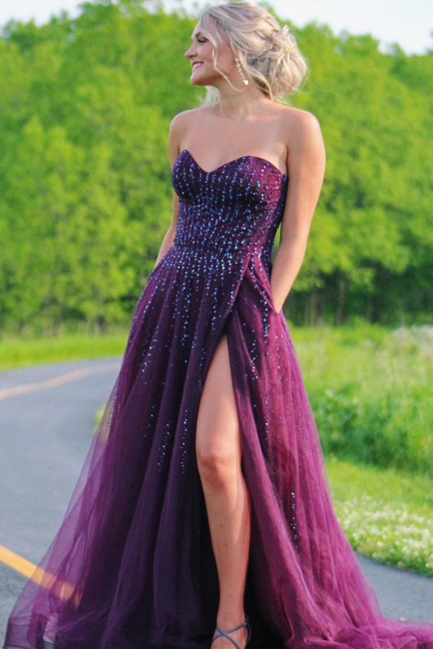 Alyssa Sweetheart A line Plum Tulle Prom Dress with Slit KissDress