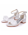 White Floral Satin Open Toe Low Chunky Heels