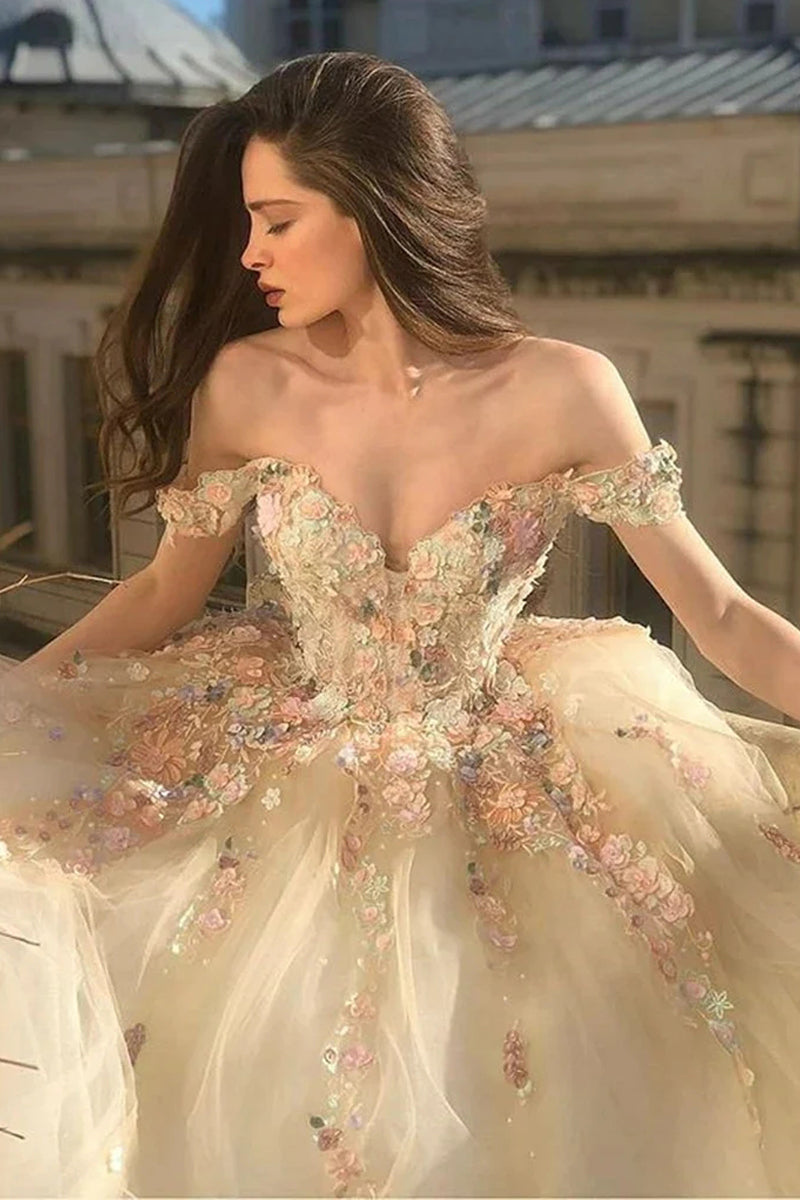 Off Shoulder Long Champagne Lace Off Shoulder Champagne Quinceanera Dresses