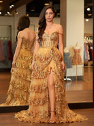 Gold Princess A Line Off the Shoulder Corset Prom Dress with Lace Ruffles - KissProm