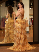 Gold Princess A Line Off the Shoulder Corset Prom Dress with Lace Ruffles - KissProm