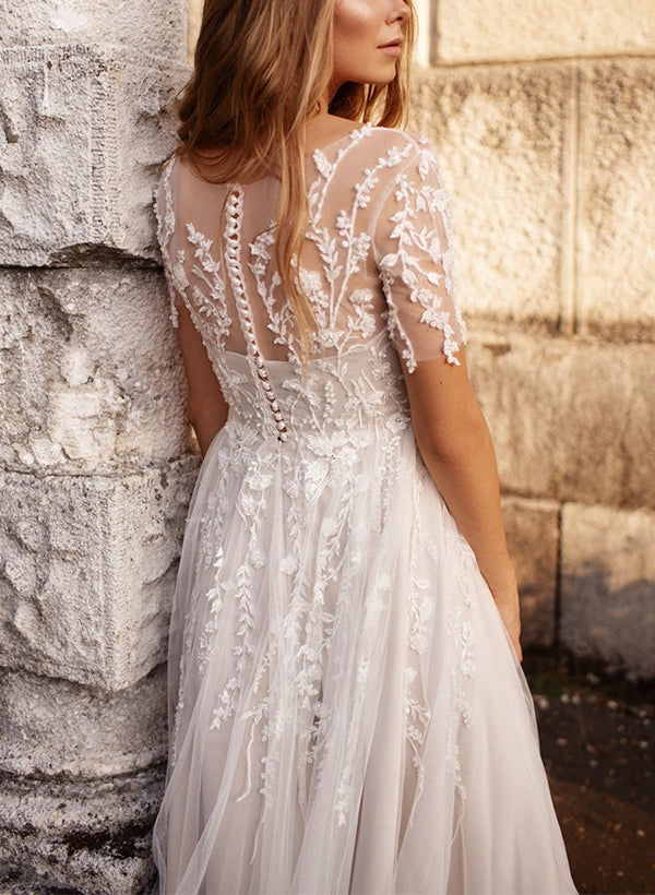 A-Line Illusion Neck Short Sleeves Elegant Tulle With Appliques Lace