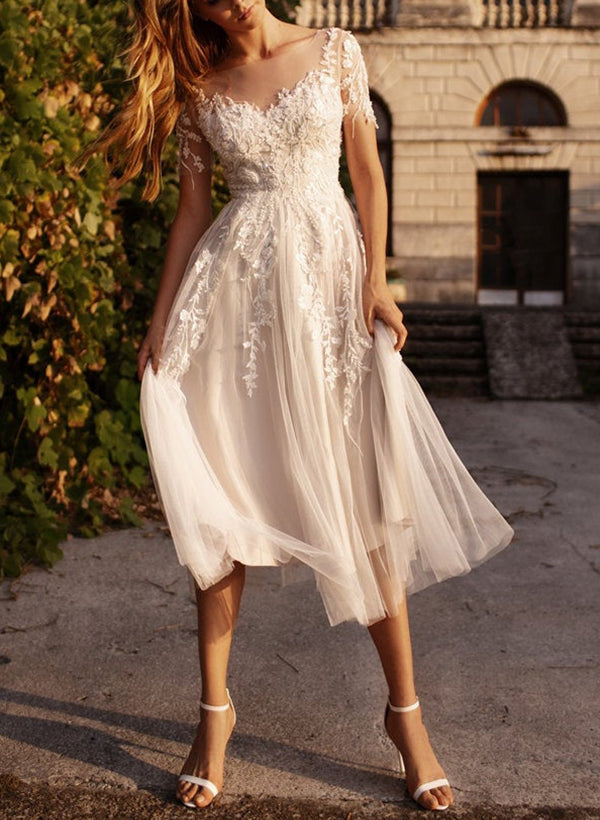 A-Line Illusion Neck Short Sleeves Elegant Tulle With Appliques Lace