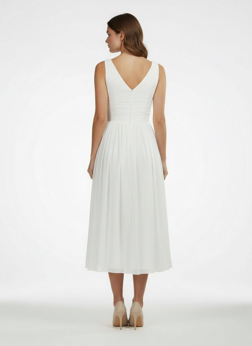 KissDress-V-Neck Sleeveless Tea-Length Chiffon Wedding Dress With Ruching And Low-V Back