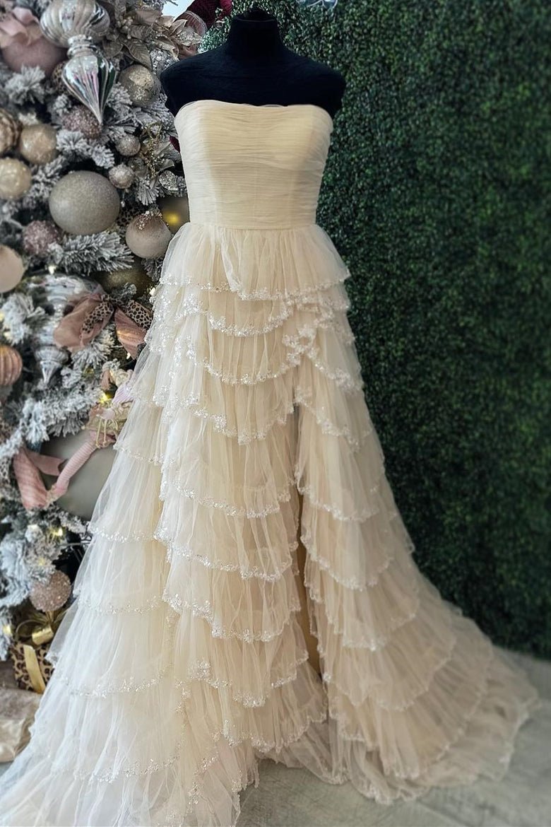 Braelyn | Light Blue Strapless Layered Tulle Prom Dress with Sequins - KissProm
