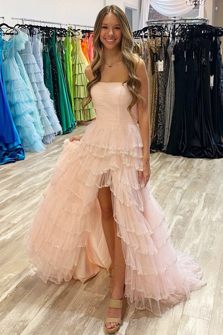 Braelyn | Light Blue Strapless Layered Tulle Prom Dress with Sequins - KissProm