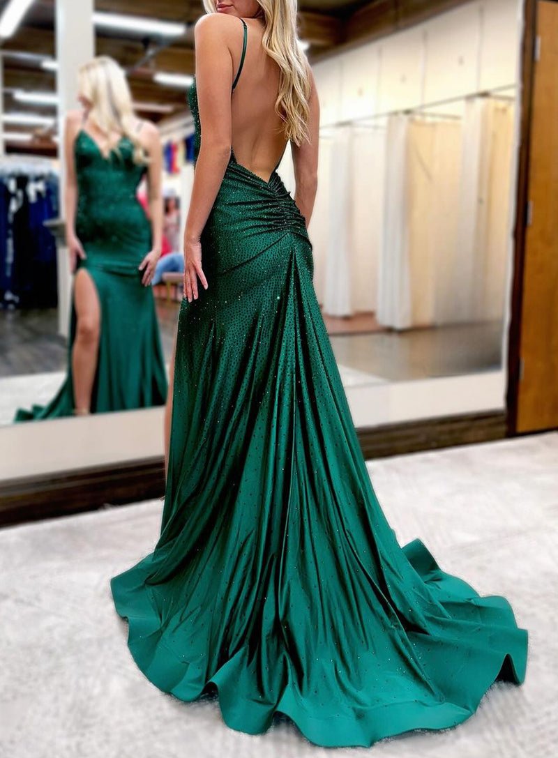 Royal Blue Beaded V Neck Mermaid Long Prom Dresses with Slit