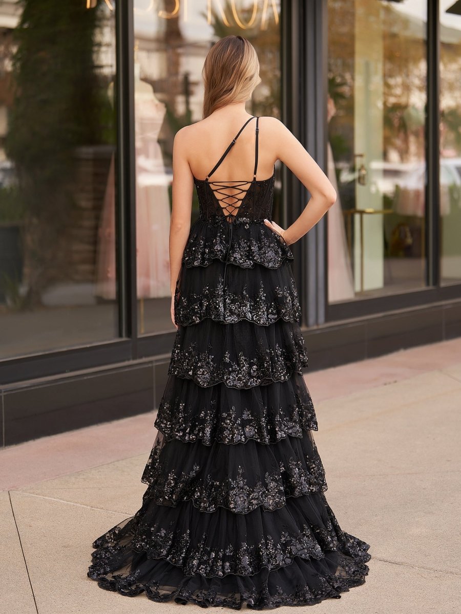 Livia |Sheath One Shoulder Tiered Lace Long Prom Dress - KissProm