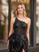 Livia |Sheath One Shoulder Tiered Lace Long Prom Dress - KissProm