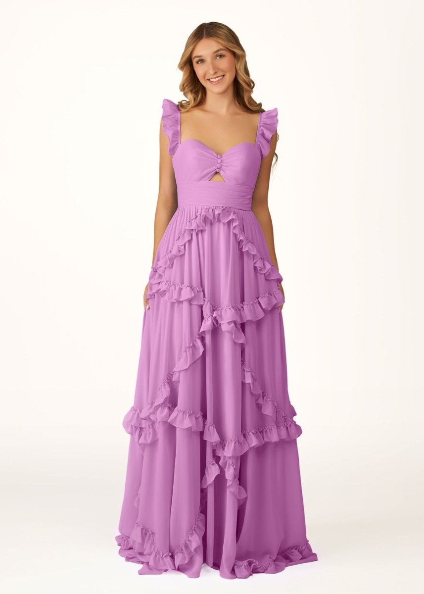 Hubery | A - Line Straps Sky Blue Chiffon Ruffles Long Prom Dress - KissProm