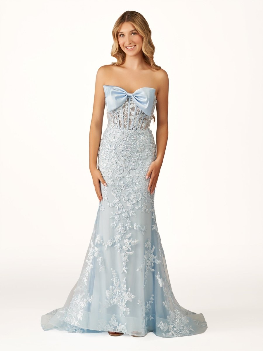 Arvin | Strapless Red Mermaid Lace Appliques Long Prom Dress with Bow - KissProm