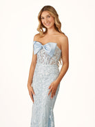 Arvin | Strapless Red Mermaid Lace Appliques Long Prom Dress with Bow - KissProm