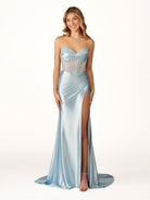 Astraea | Mermaid Strapless Blue Beaded Ruched Long Prom Dress with Slit - KissProm