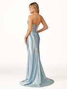 Astraea | Mermaid Strapless Blue Beaded Ruched Long Prom Dress with Slit - KissProm