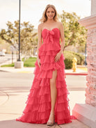 Cinizia | Chiffon Fuchsia Sweetheart Tiered Ruffles Prom Dress with Slit - KissProm