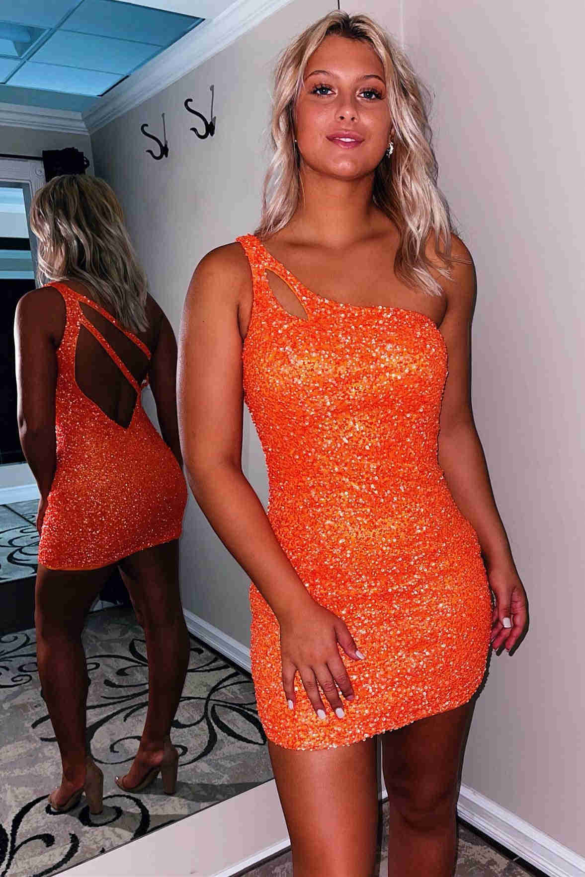 Sparkly Bodycon One Shoulder Sequins Short Homecoming Dress with Keyhole