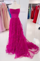 Lainey |A - Line Strapless Ruffles Long Formal Dress with Puff Sleeves - KissProm