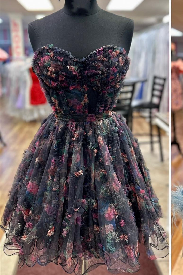 Pink A Line Strapless Floral Homecoming Dress
