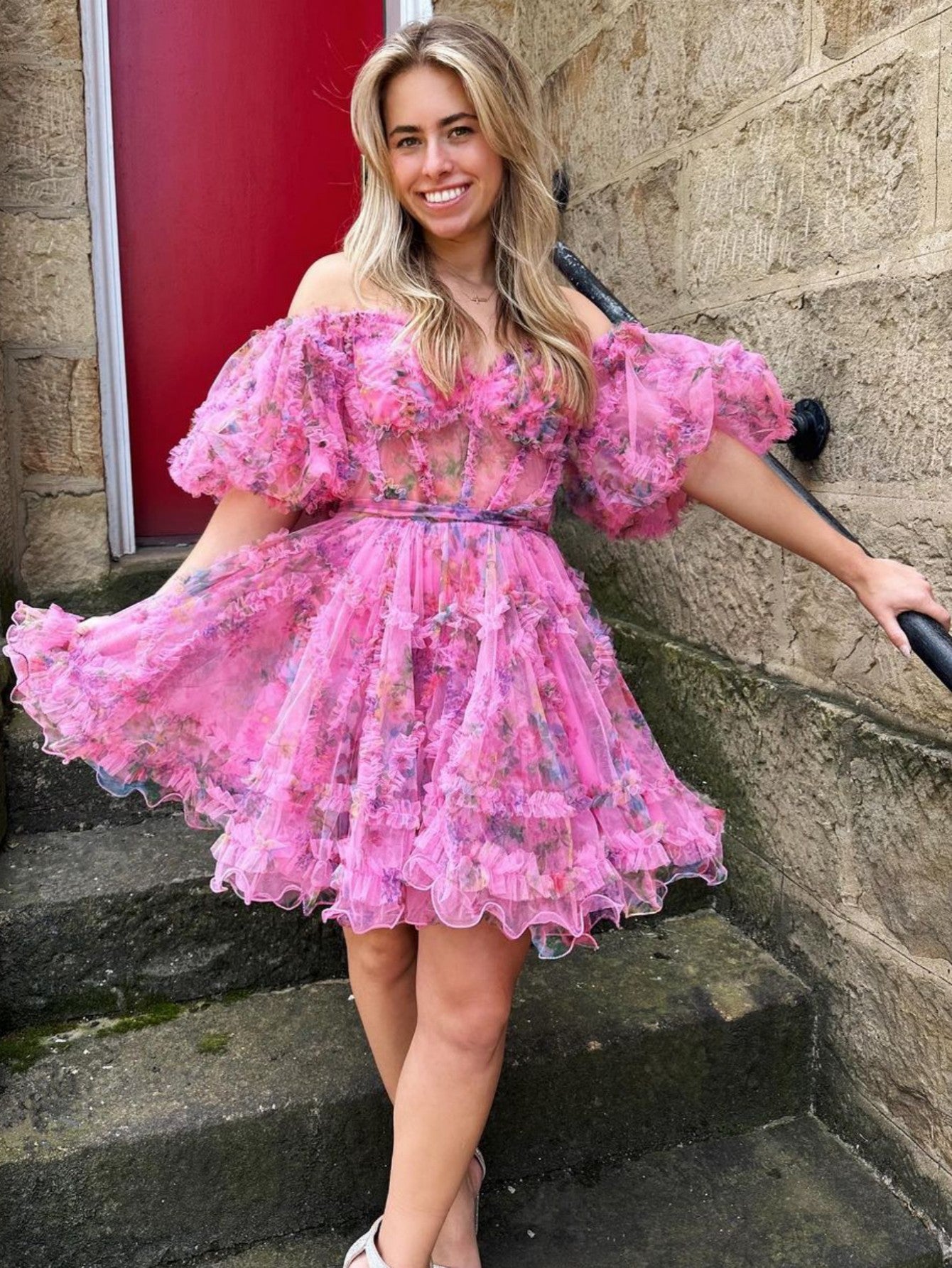 Pink A Line Off the Shoulder Floral Printed Homecoming Dress