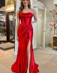Mermaid Strapless Satin Long Prom Dress With Slit