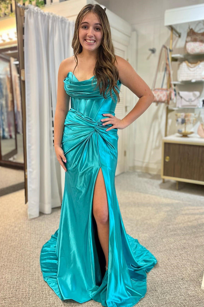 Mermaid Strapless Satin Long Prom Dress With Slit