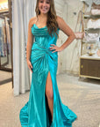 Mermaid Strapless Satin Long Prom Dress With Slit