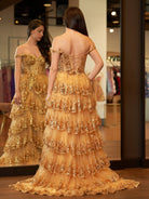 Gold Princess A Line Off the Shoulder Corset Prom Dress with Lace Ruffles - KissProm