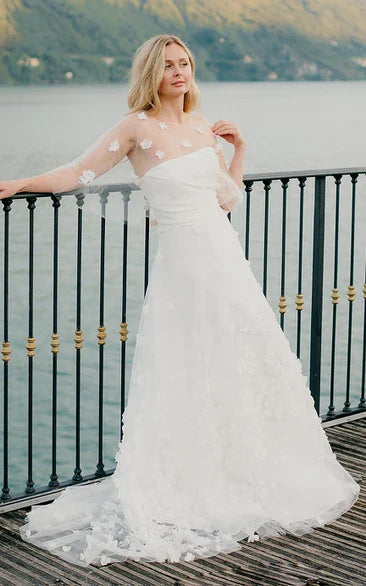 Adorable A-Line Tulle Wedding Dress With Appliques And Square Neckline