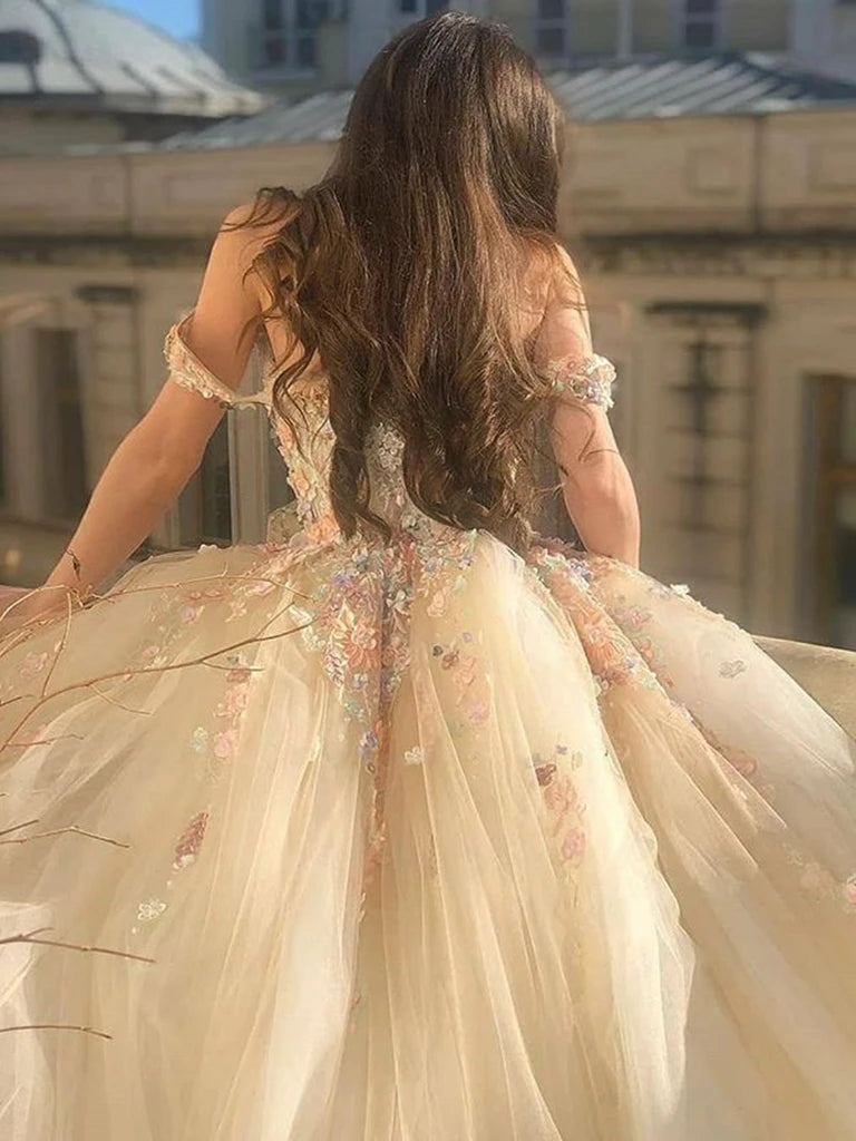 Off Shoulder Long Champagne Lace Off Shoulder Champagne Quinceanera Dresses