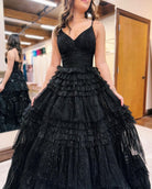 Emerson |A - Line Deep V Neck Tiered Long Glitter Tulle Prom Dress - KissProm