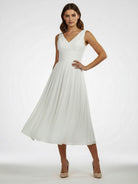 KissDress-V-Neck Sleeveless Tea-Length Chiffon Wedding Dress With Ruching And Low-V Back