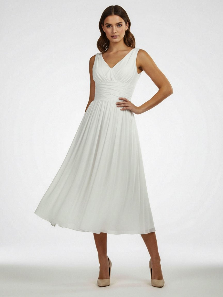 KissDress-V-Neck Sleeveless Tea-Length Chiffon Wedding Dress With Ruching And Low-V Back