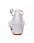 White Floral Satin Open Toe Low Chunky Heels