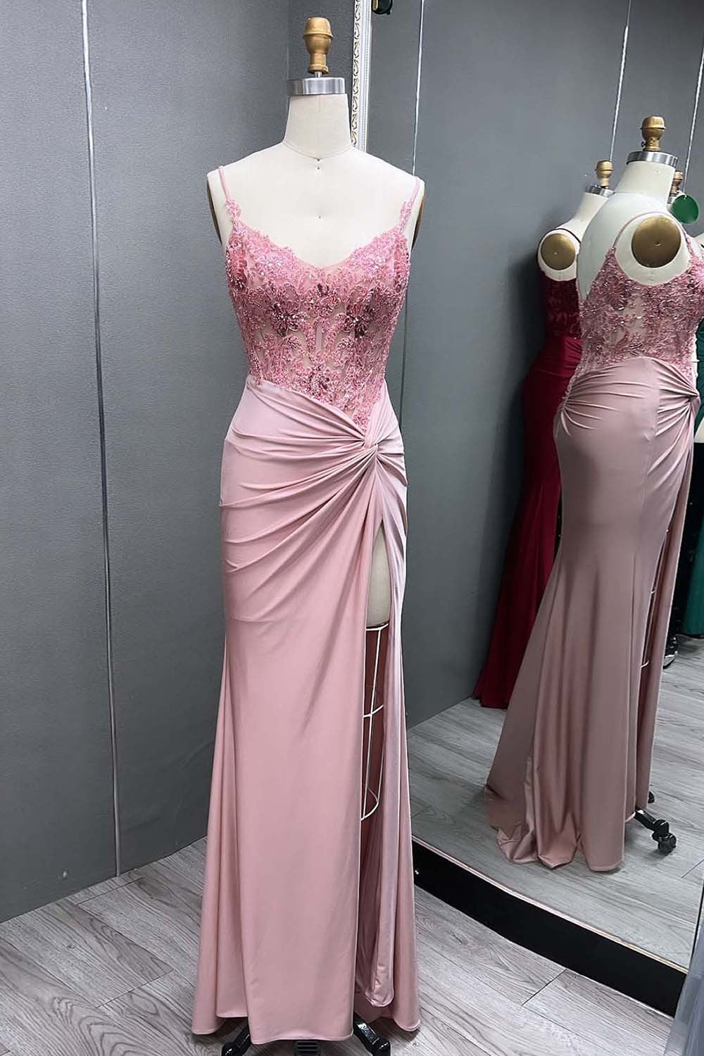 Green V Neck Beading Satin Long Slit Prom Dresses