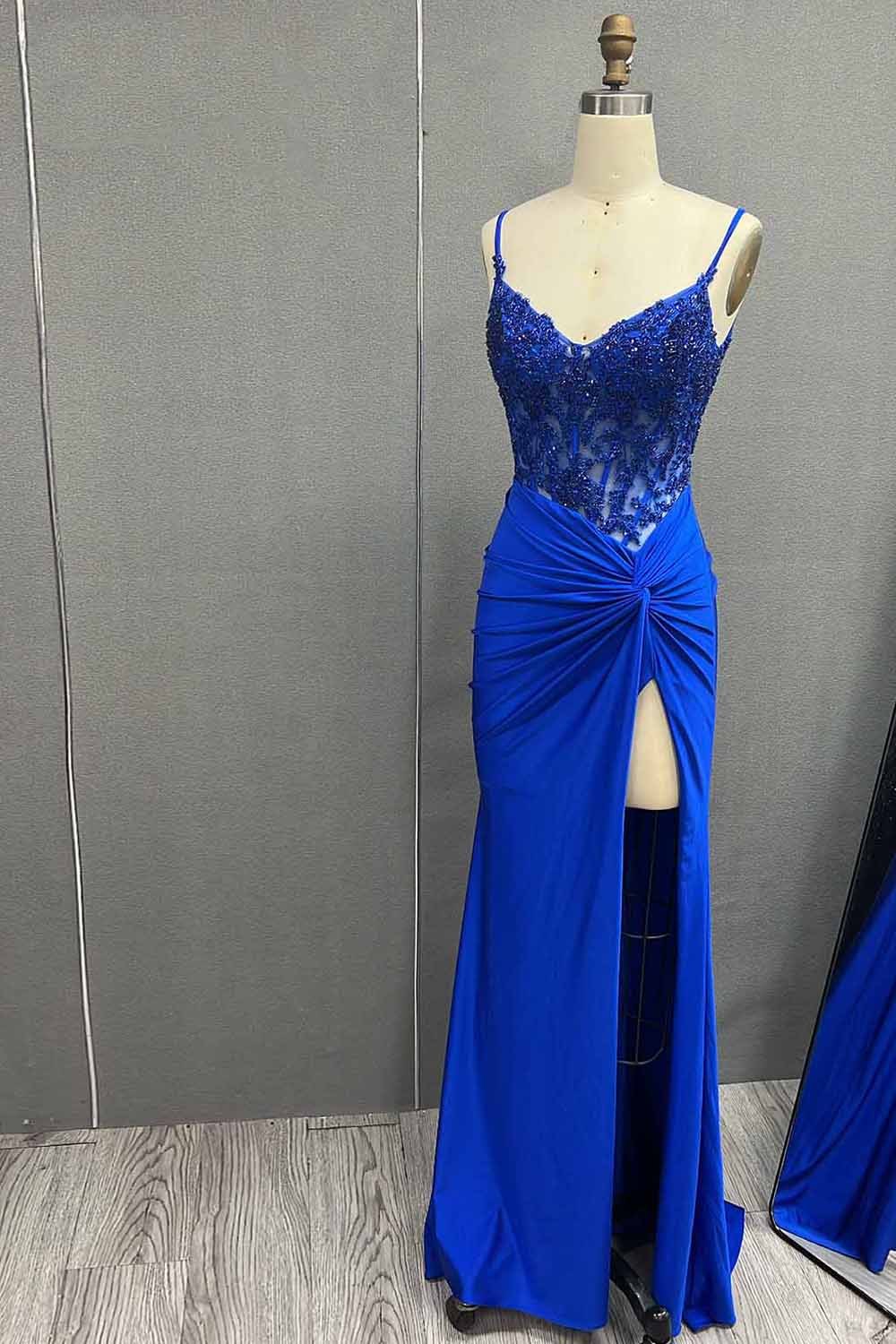 Green V Neck Beading Satin Long Slit Prom Dresses