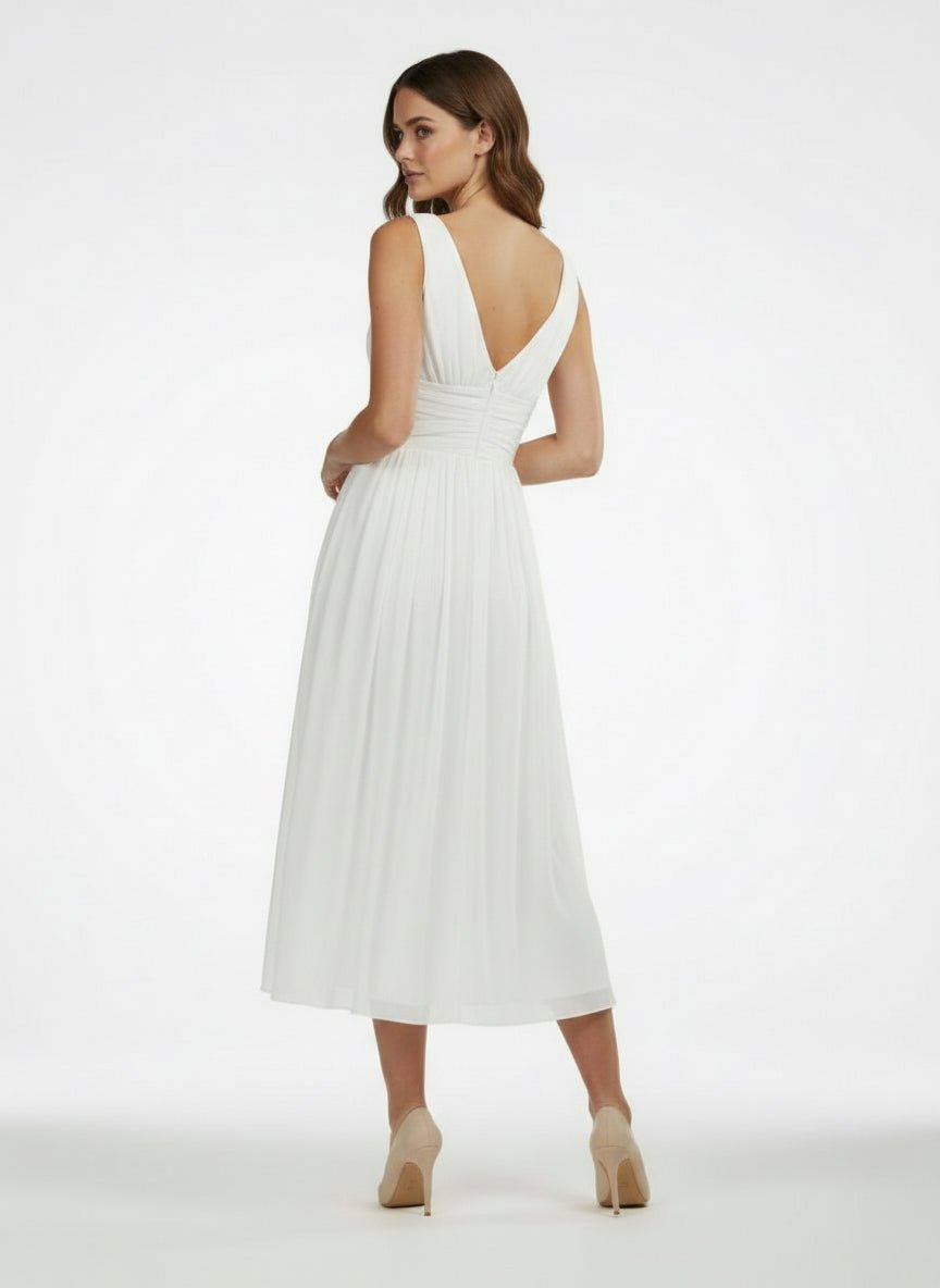 KissDress-V-Neck Sleeveless Tea-Length Chiffon Wedding Dress With Ruching And Low-V Back