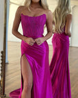 Sheath Strapless Corset Satin Prom Dress with Slit