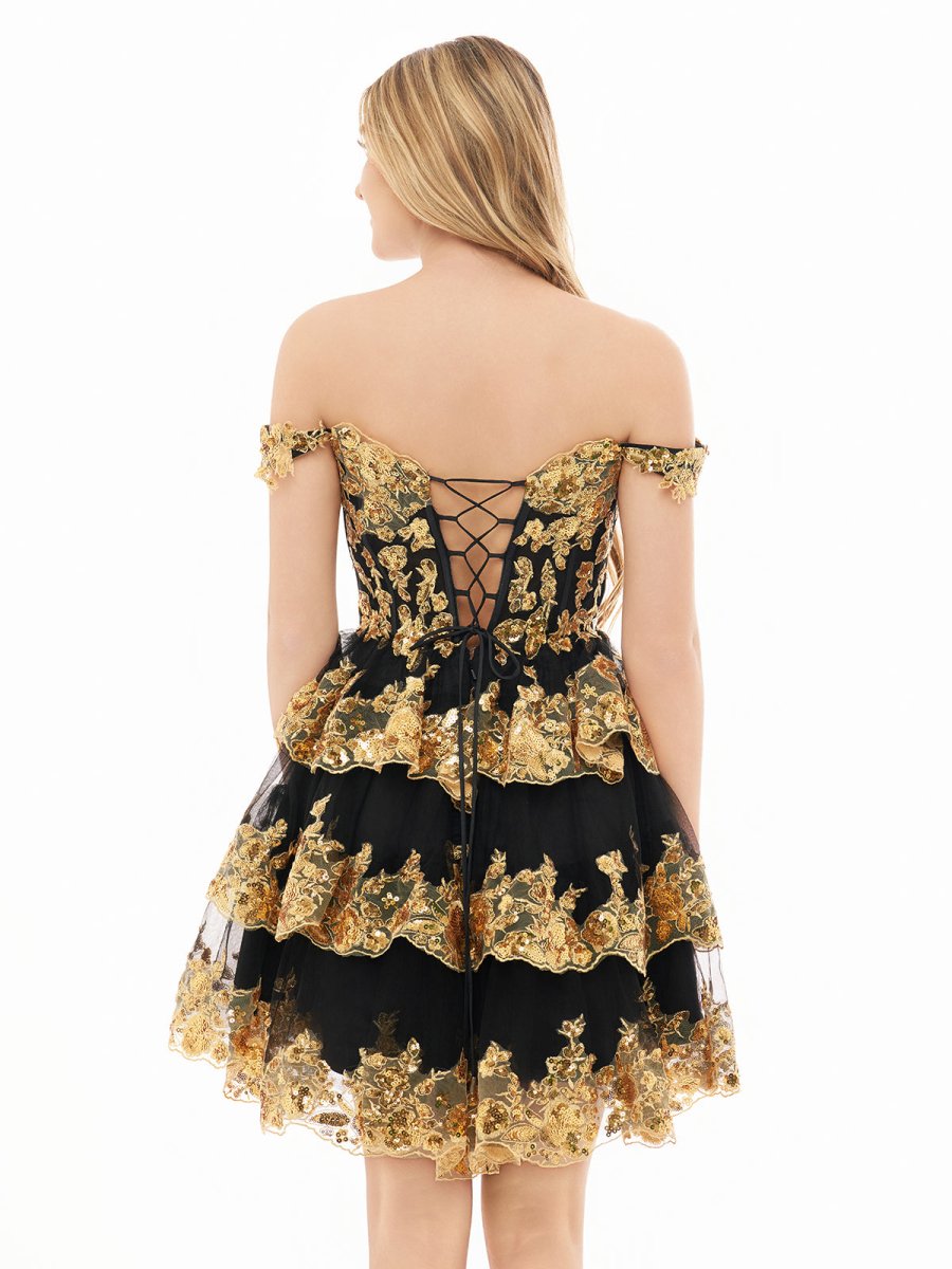 Everly | A - Line Sweetheart Tiered Gold Black Short Homecoming Dress - KissProm