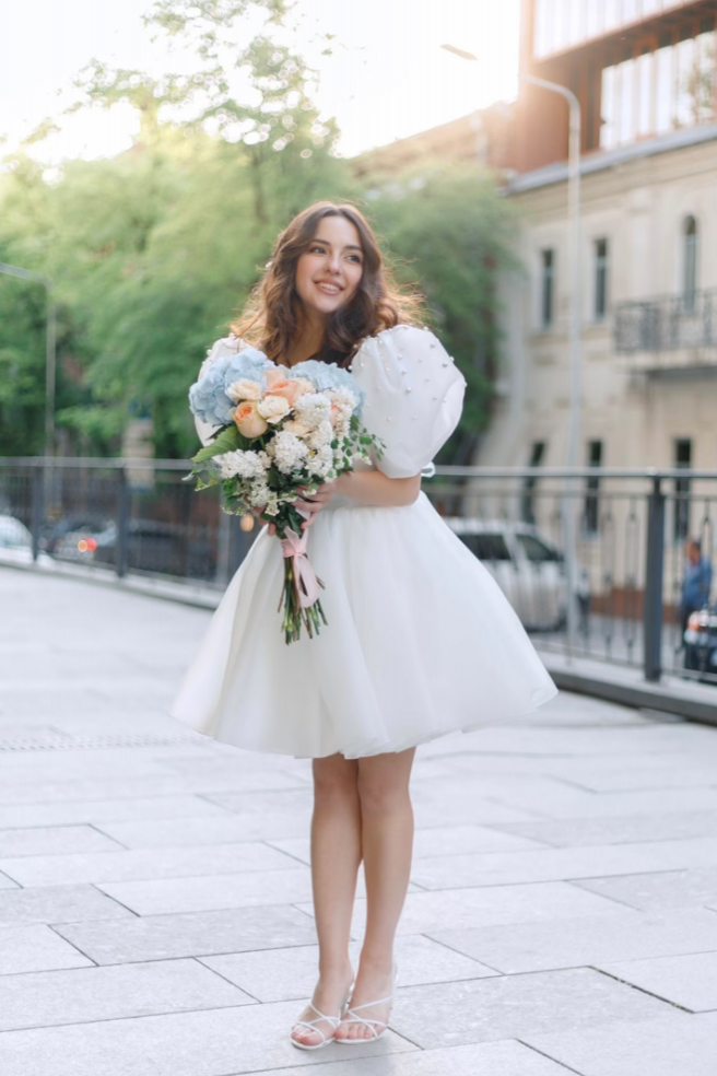 A Line Square Neck Short Wedding Dress With Puffy Pearls Sleeves KissDress
