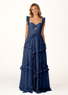 Hubery | A - Line Straps Sky Blue Chiffon Ruffles Long Prom Dress - KissProm