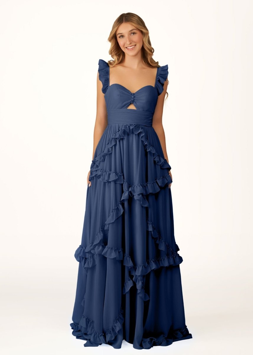 Hubery | A - Line Straps Sky Blue Chiffon Ruffles Long Prom Dress - KissProm