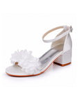 White Floral Satin Open Toe Low Chunky Heels